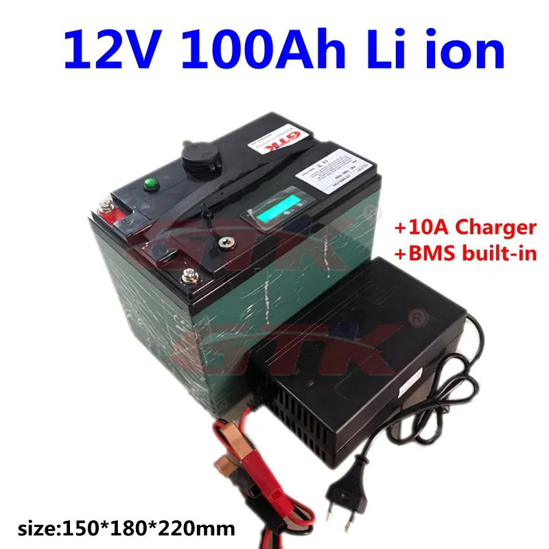 GTK 12V 100Ah Lithium-Li-Ionen-Akku 12V mit BMS für Outdoor-Backup-Stromversorgung, Wechselrichter + 12,6V 10A Ladegerät