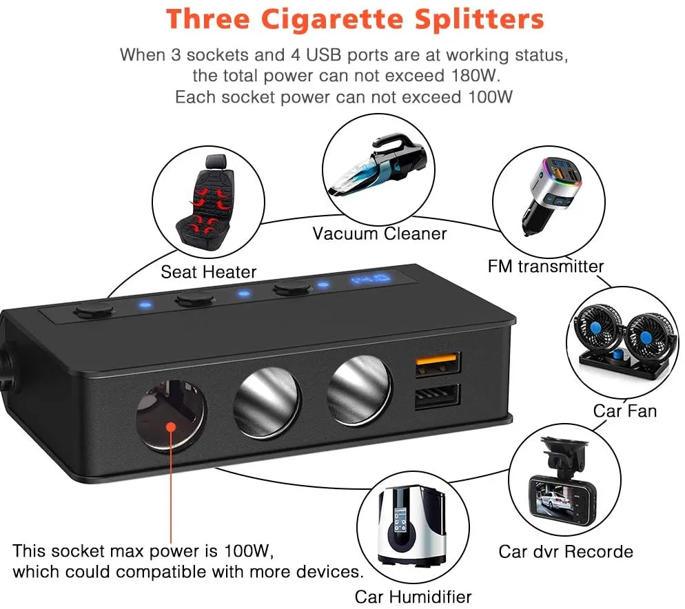 Quick Charge 3.0 Auto Zigarettenanzünder Splitter, 12 V/24 V, 3 Steckdosen,  180 W ON OFF Gleichstrom Mit 4 Port USB Autoladegerät Von 11,5 €