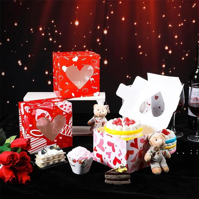 NEW12PCS / SET VALENTINES يوم هدية التفاف مربع الأحبة حزب صناديق جدي مع pvc القلب شكل نافذة الوردي الأحمر RRB13150