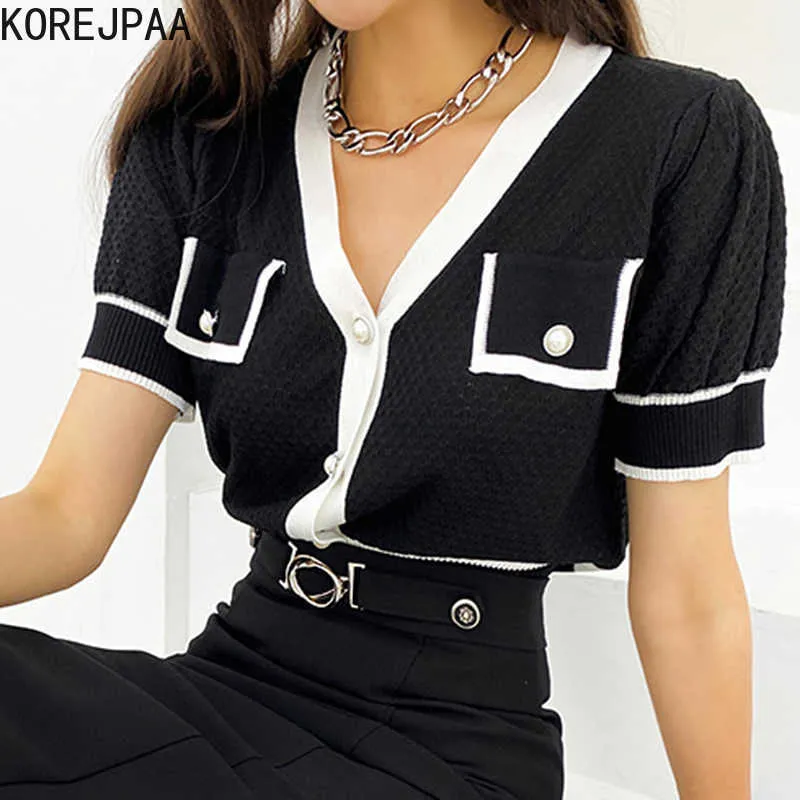 Korjpaa Kvinnor Tröja Sommar Koreanskt Elegant Temperament V-Neck Fickor Enstaka Breasted Puff Sleeve Stickad Cardigan 210526