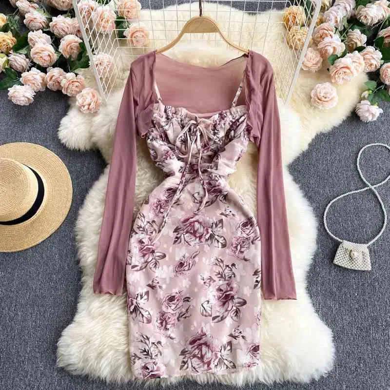 Women's Summer Sheath Floral Print Dress Set Long-sleeved Sun Protection Shirt Top All-match Sexy Suspender Dress Two-piece Suit 210515