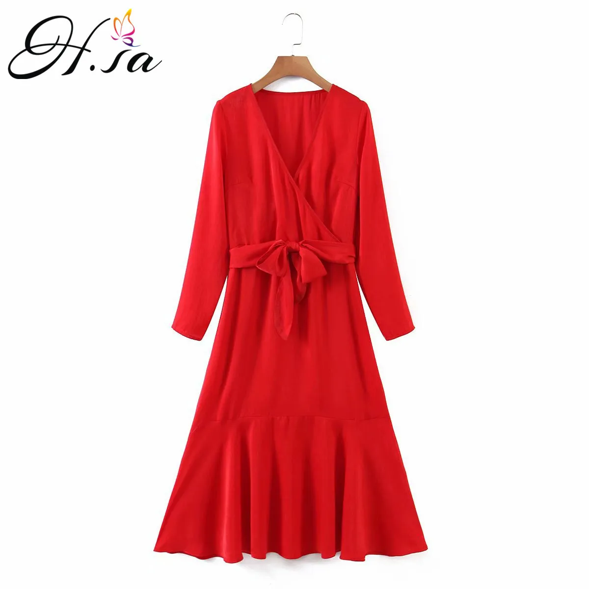 H.SA vrouwen lange mouwen jurk sexy lage v-hals rode strik gebonden taille geplooide vestidos vrouwelijke chique elegante jurken 210417