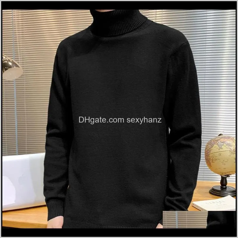 2020 fashion pure color knitted men`s sweater casual men`s double neck slim fit pullover fall warm turtleneck sweater men