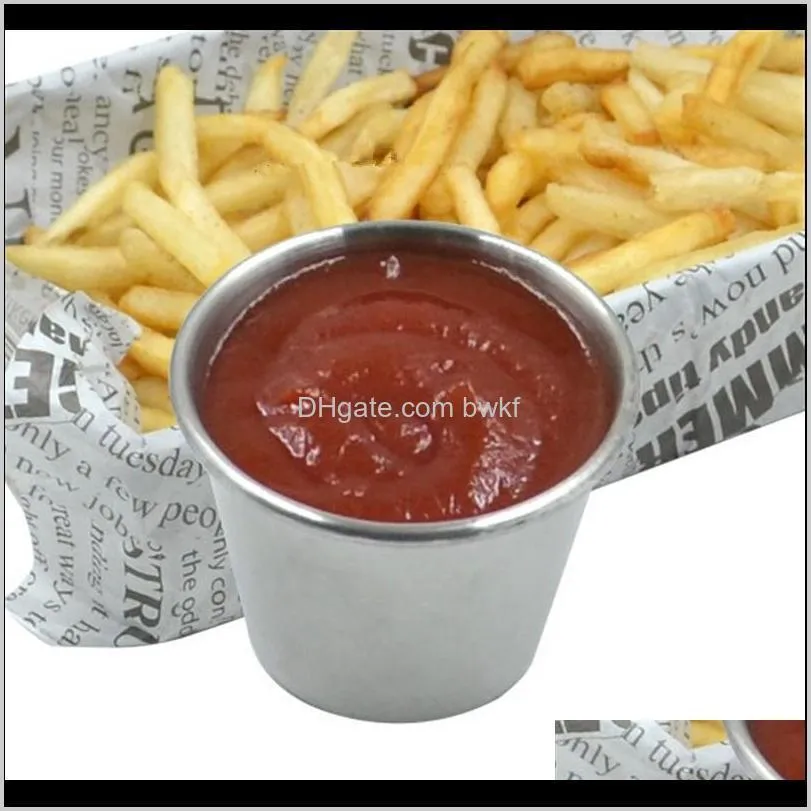 2 size stainless steel sauce cups potato chips tomato paste cup restaurant salad sauce dipping bowls jxw609