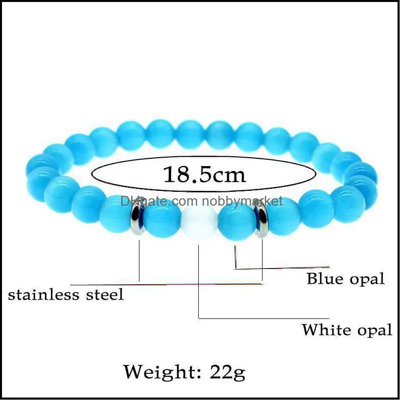 New 8MM Blue White Opal beads chains Bracelet For Women Men Couple Healing crystal Natural stone Strands beaded Bangle Fashion Jewelry