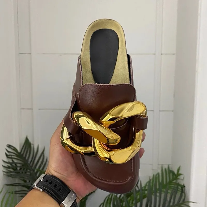 Gold Chains Slippers Genuine leather Flip Flops Flat heel Muler Slides Women Loafers Sandals with box