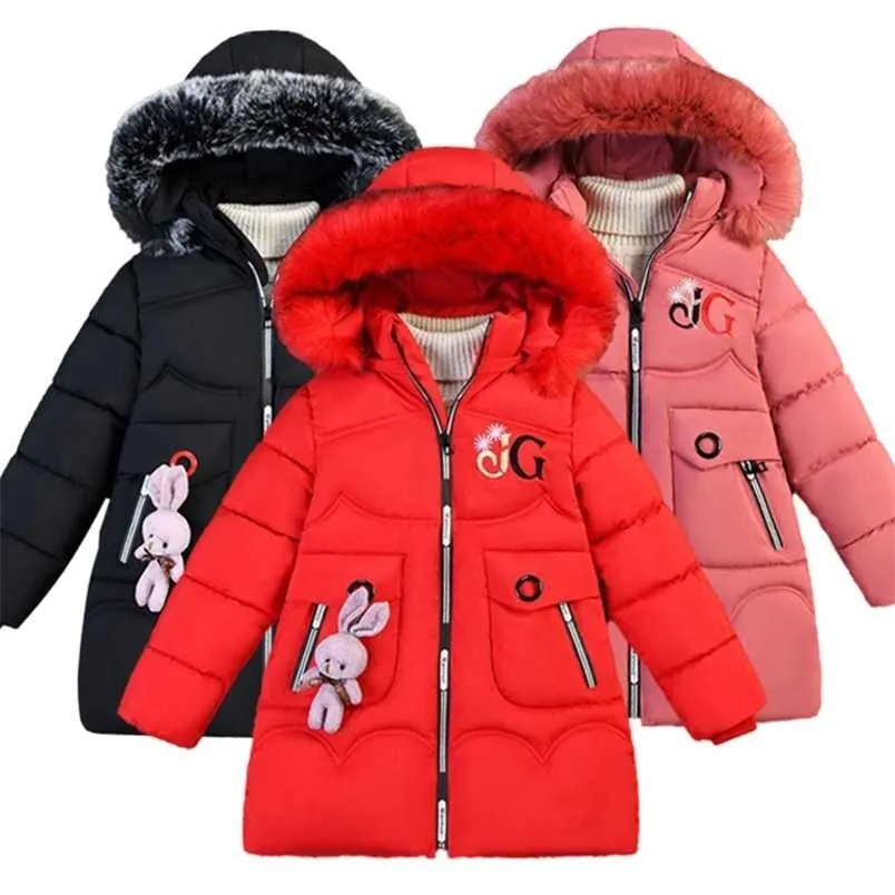 Meisjesjas 4-12Y Winter Cartoon Down Patded Jacket Dikke Warme Meisje Mid-Length Hooded 211203