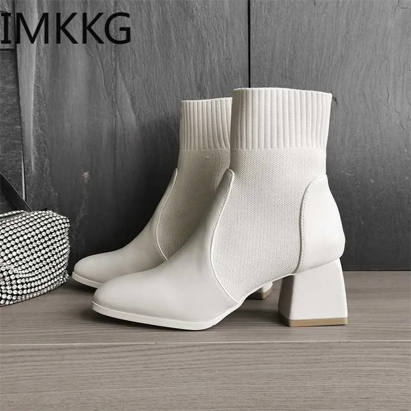 Herfst Winter Dames Laarzen Gebreide Elastische Sokken Laarzen Vierkante Teen Chunky Heel Mode Enkel Chelsea 211105