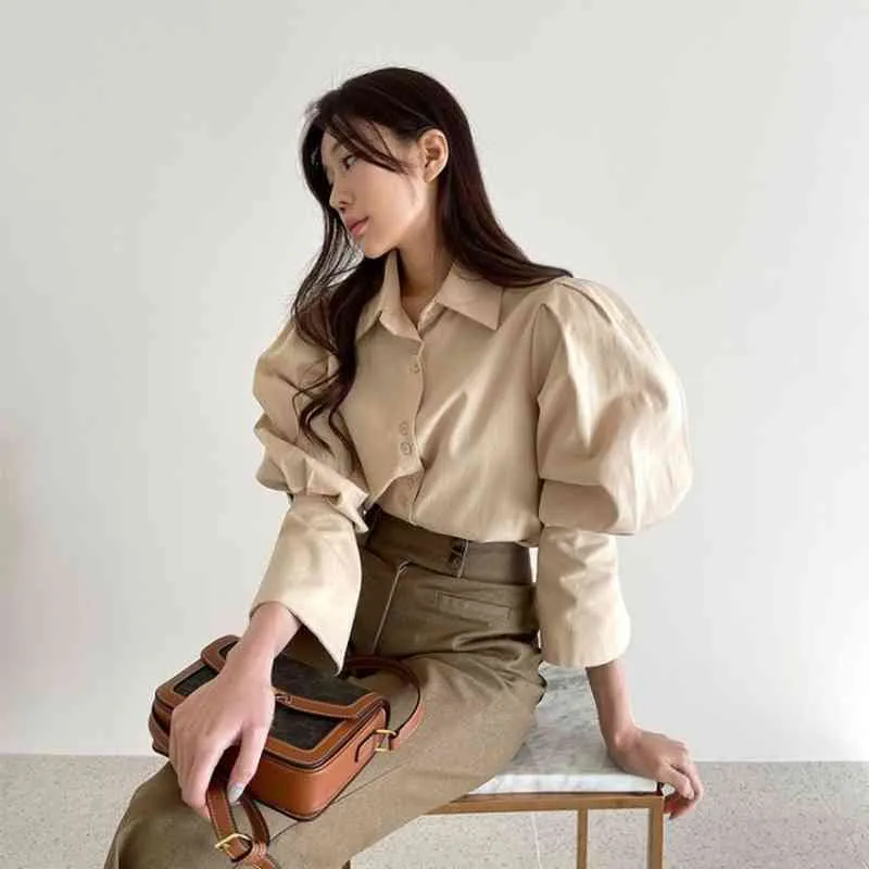 Doux manches bouffantes chemises boutonnées femmes Blouse printemps solide à manches longues dames hauts mode coréenne Camisas Mujer 210514