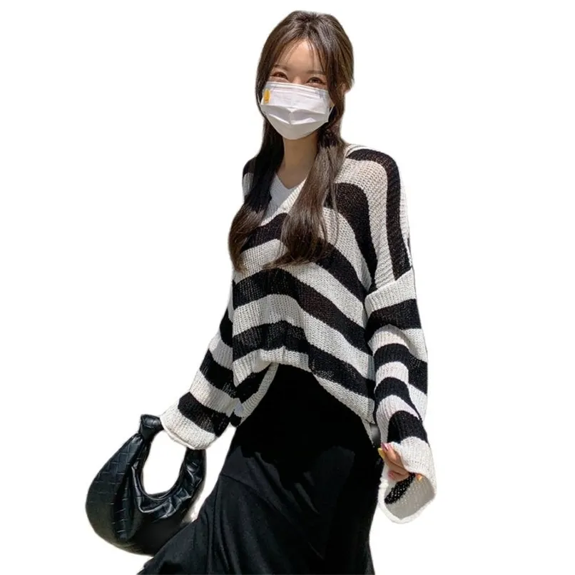 Crème solaire en soie de glace mince chemisier à col en V style occidental tout-match pull en tricot ample été mode coréenne vêtements pour femmes 210520