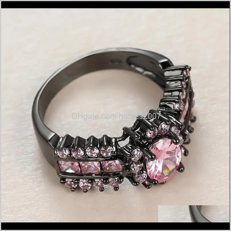 trendy female pink crystal stone ring charm 14kt black gold wedding rings for women dainty bride oval zircon engagement