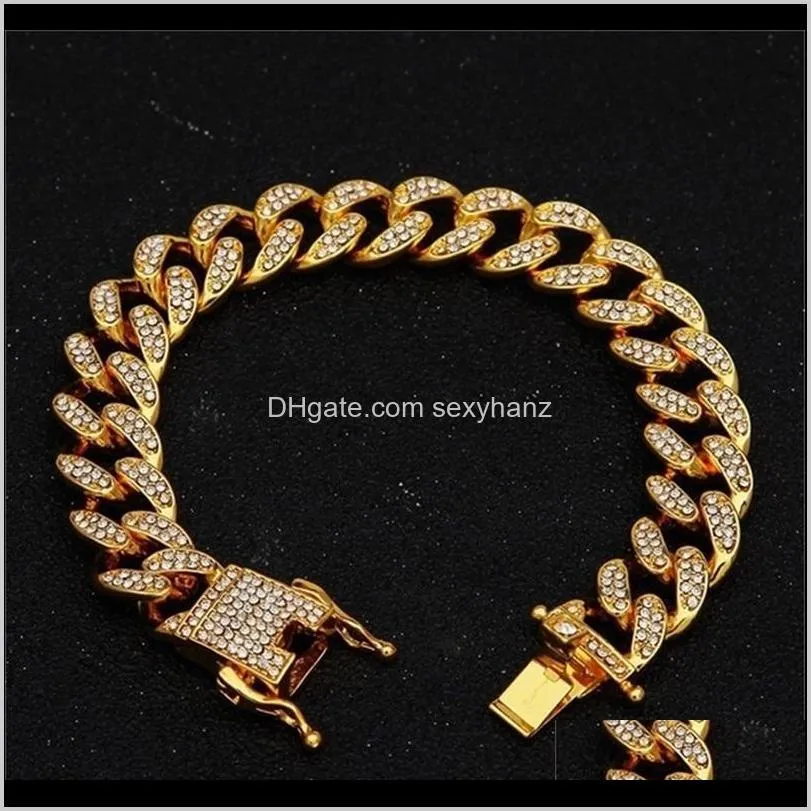 13mm  cuban link chain gold silver necklace bracelet set iced out crystal rhinestone bling hip hop for men 88 u2