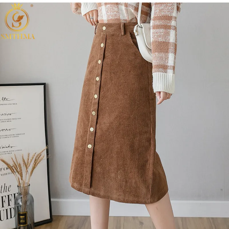 Spring High Waist Corduroy Skirt Women A-Line Streetwear Female Pockets Single-Breasted Mujer Faldas 210520