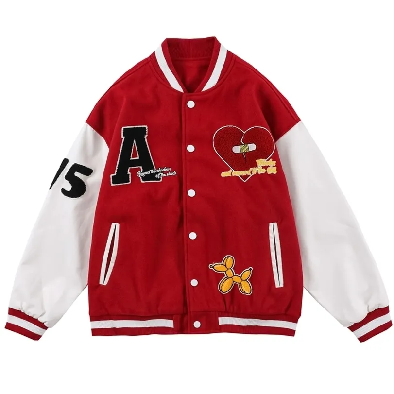 Broken Heart Broderie Varsity Veste Manteau Hommes Femmes Patchwork Hip Hop Streetwear Harajuku Rétro Baseball Bomber Mode 211214