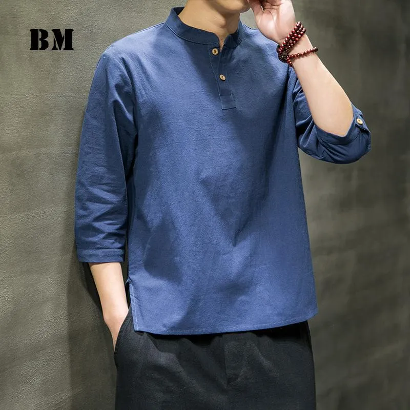 中国スタイルの夏3分の1スリーブTシャツハラジュクレトロスタンドカラー半袖男性衣類プラスサイズトップス男性のTシャツ