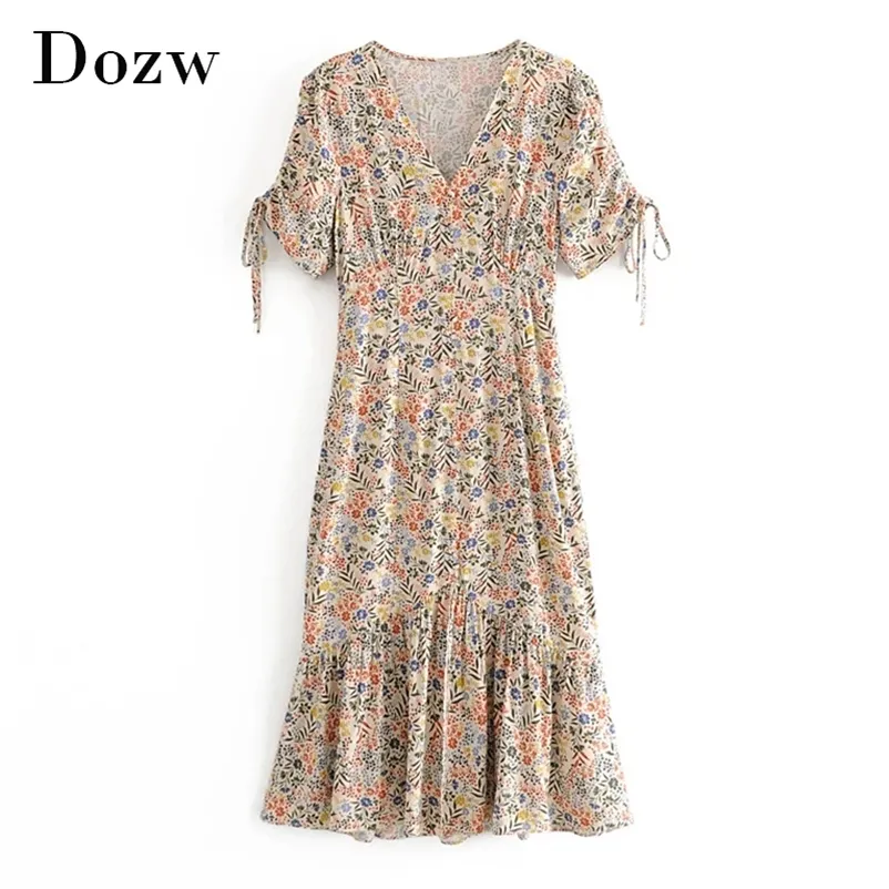 Floral Print Elegant Dress V Neck Short Sleeve Vintage Women Bow Tie Pleated Beach Midi Vestido De Mujer 210515