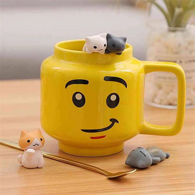250ml muggar keramisk kopp mjölk kaffe muggar koppar för barn gul leende uttryck tecknad gullig drinkware block vän för barn 210804