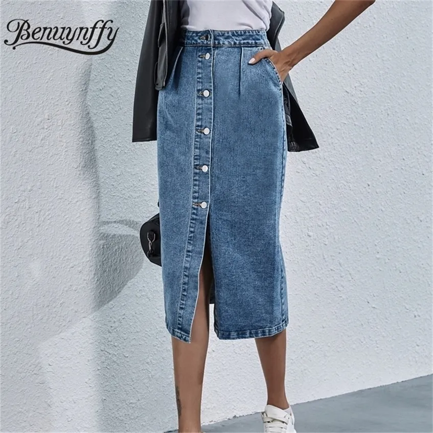 Benuynffy Single Breasted Knee Length Denim Skirt Women Streetwear Casual Pocket High Waist Straight Jeans 220224