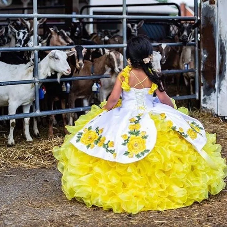 Modesto messicano bianco giallo mini abiti Quinceanera per bambine Halter 3D fiori floreali in pizzo Flower Girl First Comm261z