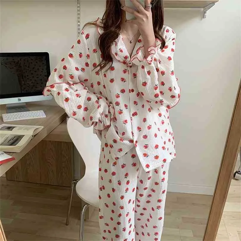 Koreańska lniana luźna drukowana truskawki piżamy słodkie sleepwear ciepłe ładne delikatne eleganckie kobiety miękkie ubrania domowe 210525