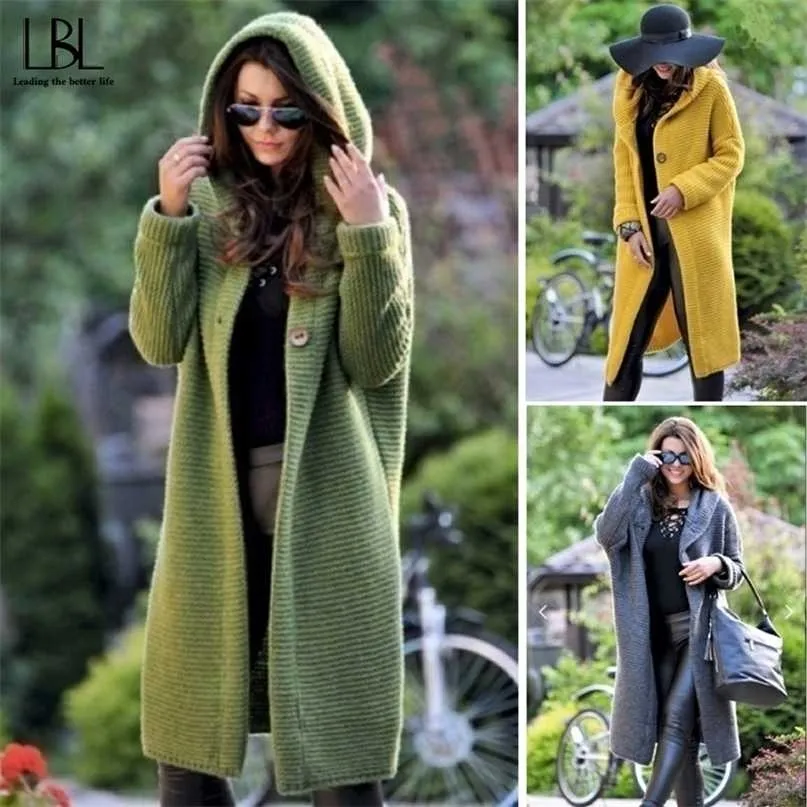 Dames Sweaters Winter Modieuze Casual Losse Trui Vrouwelijke Herfst Vesten Enkele Breasted Puff Hooded Coat Plus Size 211011