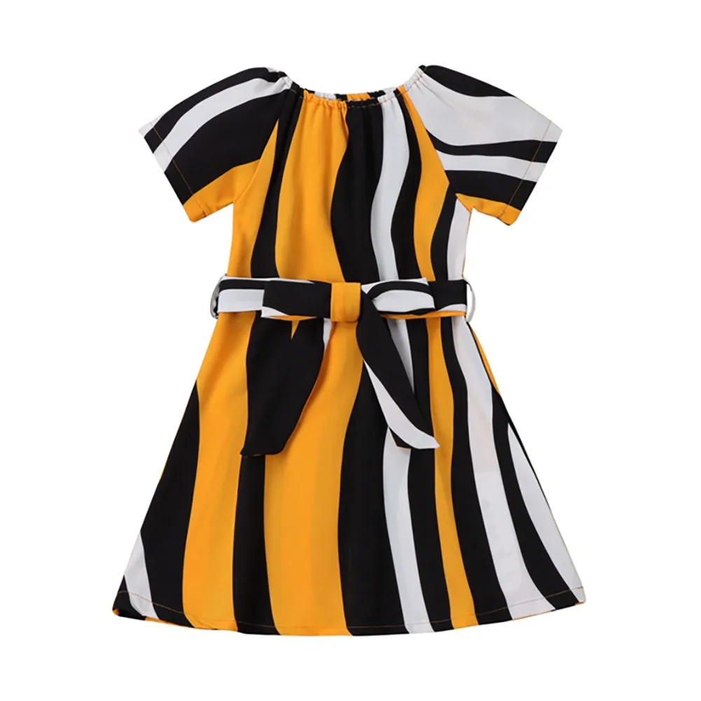 2-7Y Summer Kid Girls Casuall Robes Striped Bow Belt A line Dress For Child Costumes 210515
