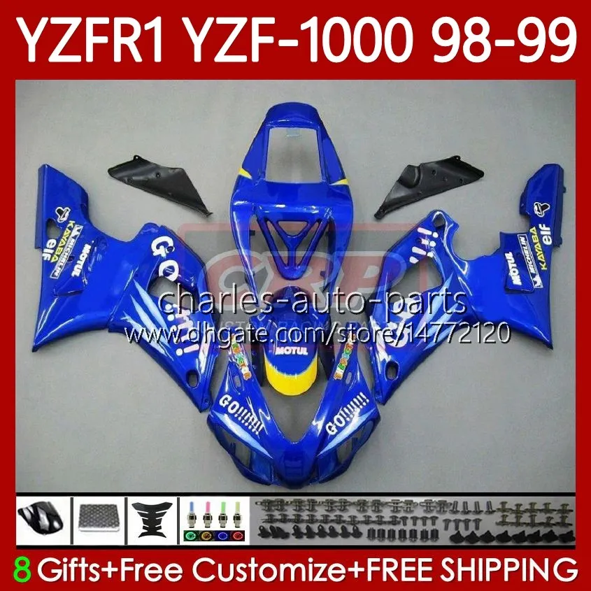 Motorcykelkropp för Yamaha YZF-R1 YZF-1000 YZF R 1 1000 CC 98-01 Bodywork 82No.34 YZF R1 1000CC YZFR1 98 99 00 01 YZF1000 1998 1999 2000 2001 OEM Fairings Kit Blue Go !!!