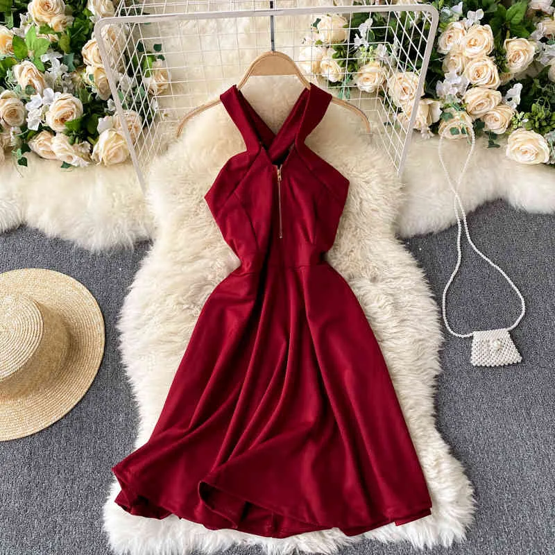 Singreiny Mulheres Sólida Sling Dress Vermelho Sexy Backless Sem Mangas Uma Linha Vestido Coreano Casual Férias V Pescoço Slim Curto Vestido 210419