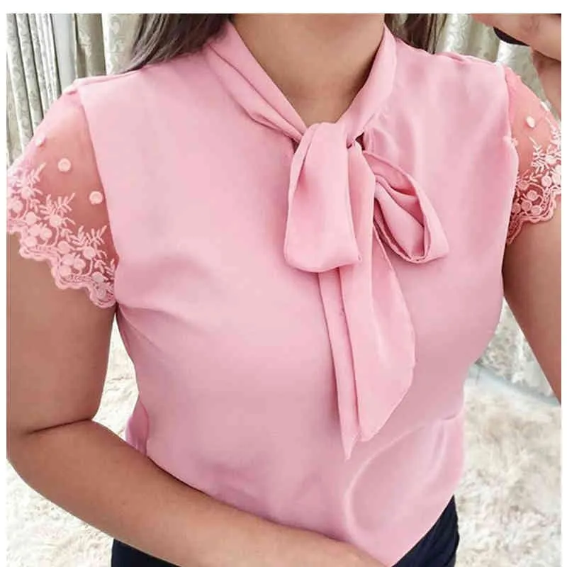 S-5XL Ny Lace Up Bow Slips Skjorta Sommar Kortärmad Solid Chiffon Casual Blus Plus Storlek 5XL Kontor Lady Blusas Kvinna Toppar 210426