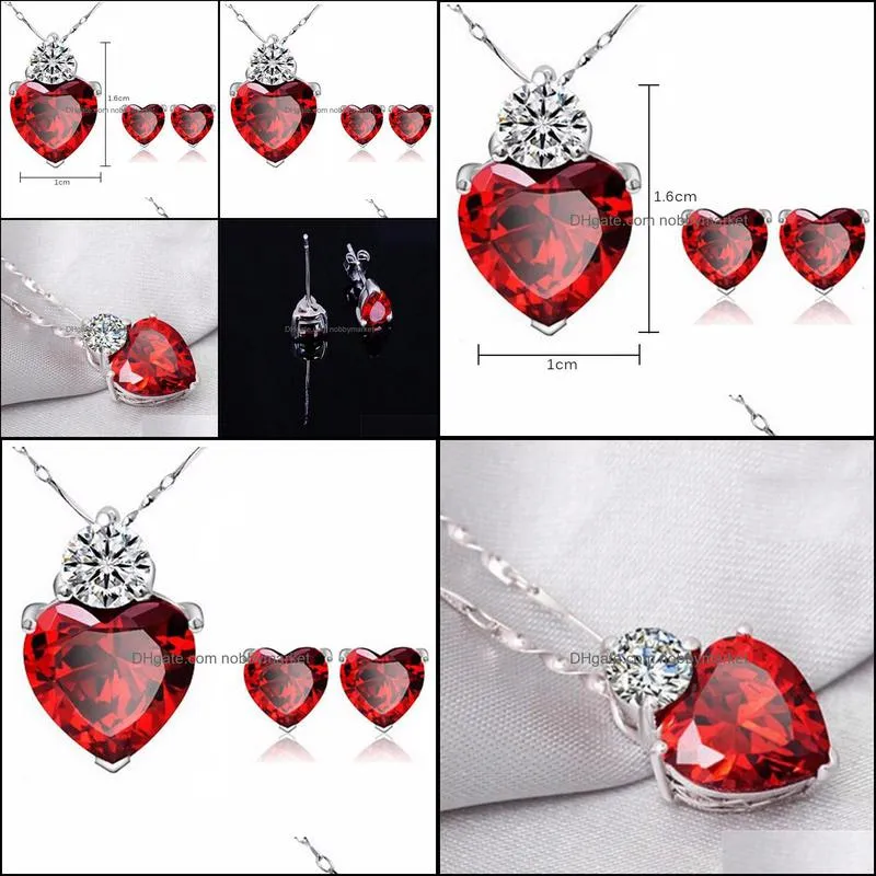 Earrings & Necklace Red Heart Crystal Pendant Sweet Set For Wedding Collections Anniversary Design