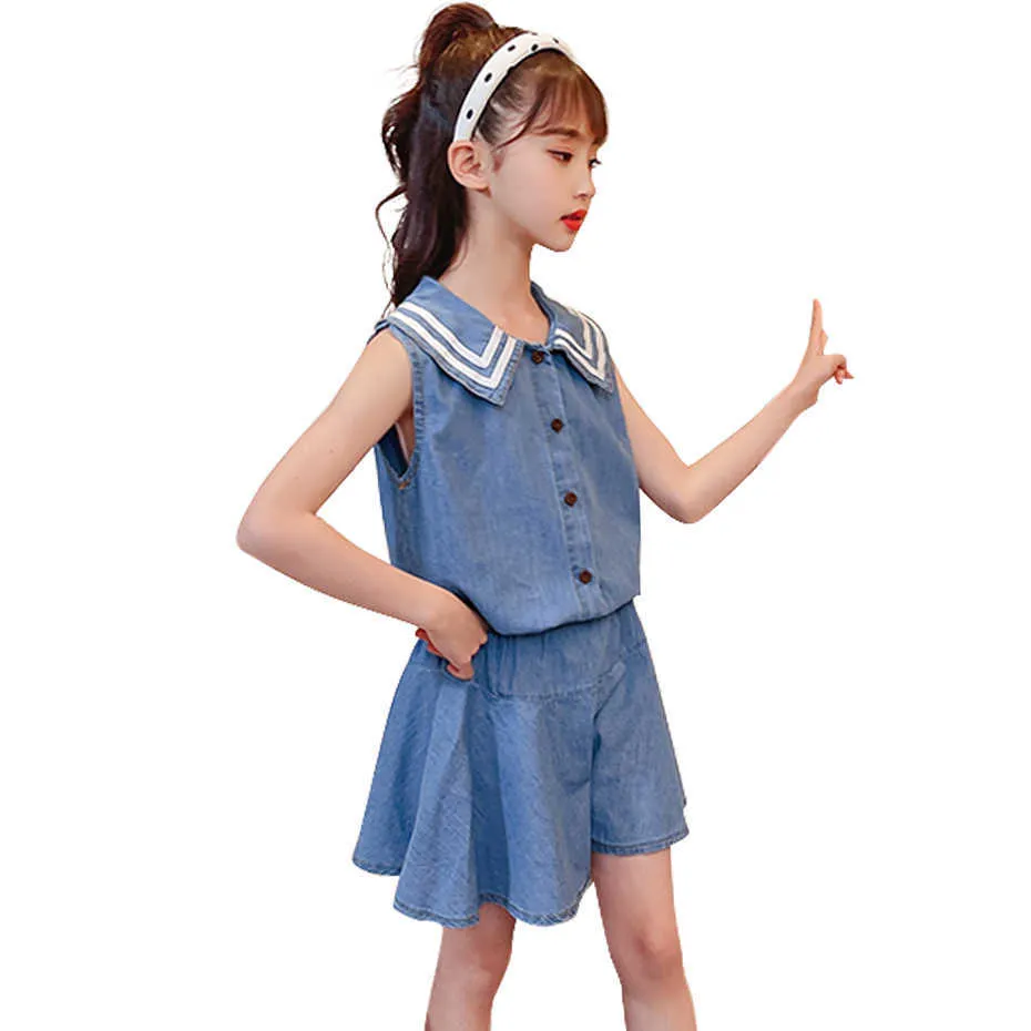 Tiener meisjes kleding denim vest + korte kinderkleding voor zomer kinderen casual stijl G 210528