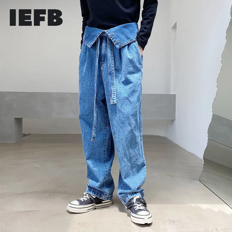 IEFB / Vêtements pour hommes Coréen plié taille haute design jeans bleu niche pantalon en denim à jambe large pour pantalon à la mode masculine Y3390 210524