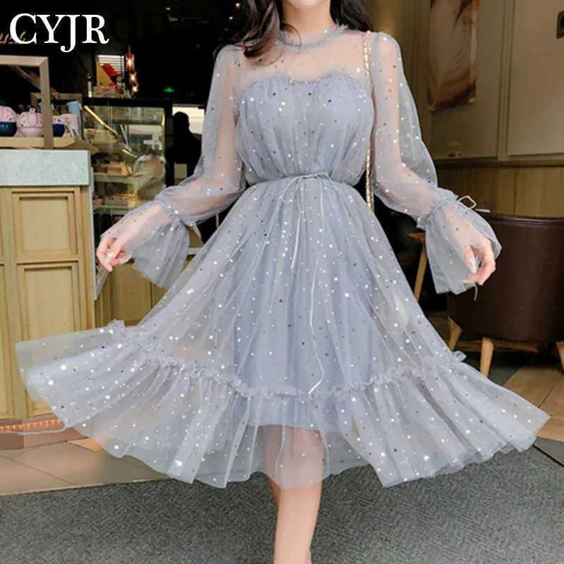 Frühling Herbst Weibliche Oansatz Sterne Pailletten Mesh Glänzende Fee Kleid Frauen Elegante Bling Gaze Prinzessin Puff Kleider 210527