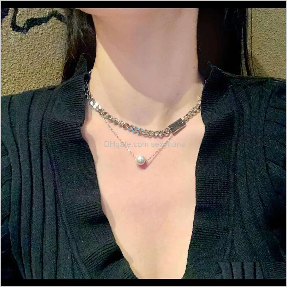 simple titanium steel letter double layer pearl pendant versatile clavicle chain net red personality necklace girl
