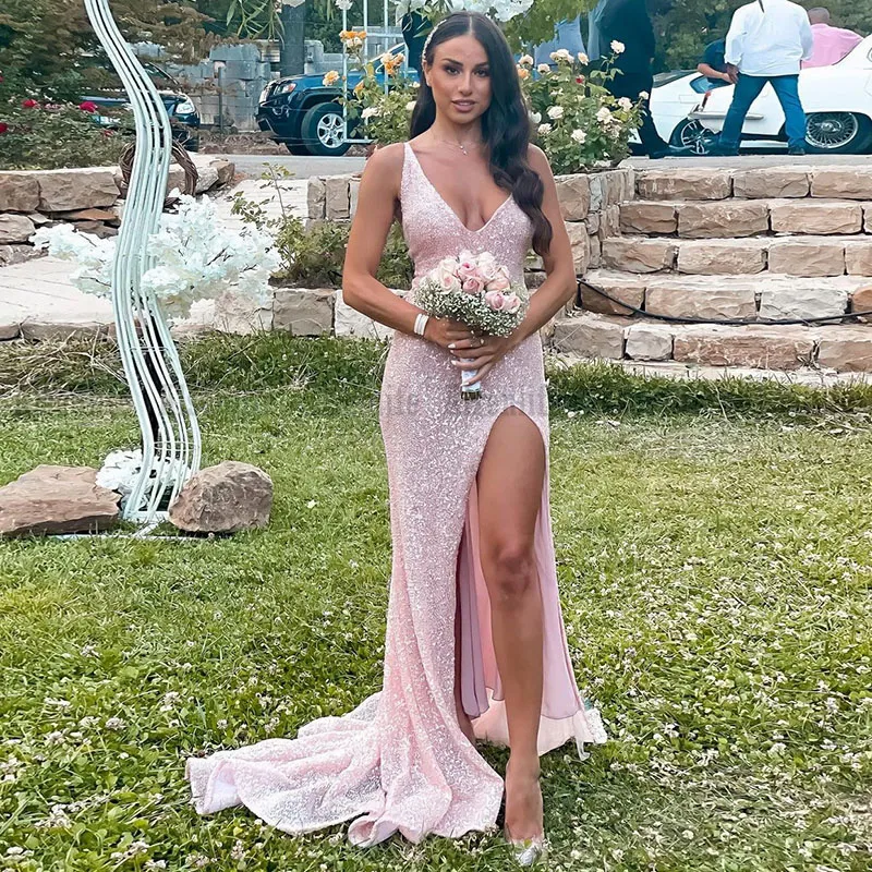 pink glitter bridesmaid dresses Sequin V Neck Side Slit Maid... From Alsenlife, $64.93 fit and flare long LOH-Web Laria Yellow Satin Formal Size:4 - 5 yrs