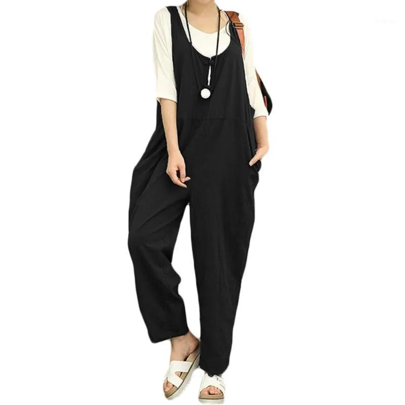 Dames Jumpsuits Rompertjes 2021 Vrouwen Mouwloze Casual Solid Strappy Dungarees Vintage Cotton Linnen Losse Party Lange Harem Overalls