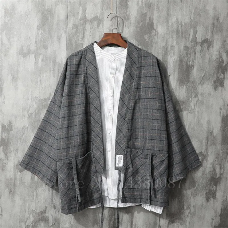 Men's Kimono Japanese Traditional Style Coat Cardigan Casual Loose Haori Retro Plaid Samurai Jacket Asian Clothing Yukata Ethnic