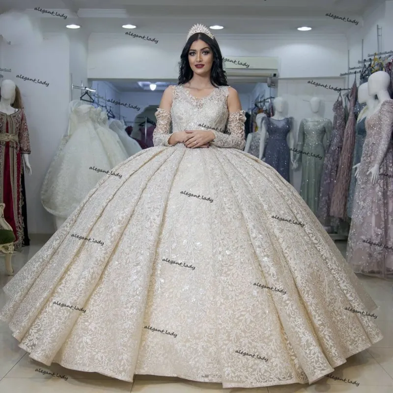 Pincess Abiti da sposa avorio Pizzo pieno maniche lunghe gonna a sbuffo Abiti da sposa arabi Corte dei treni Dubai vestido de fiesta de boda france