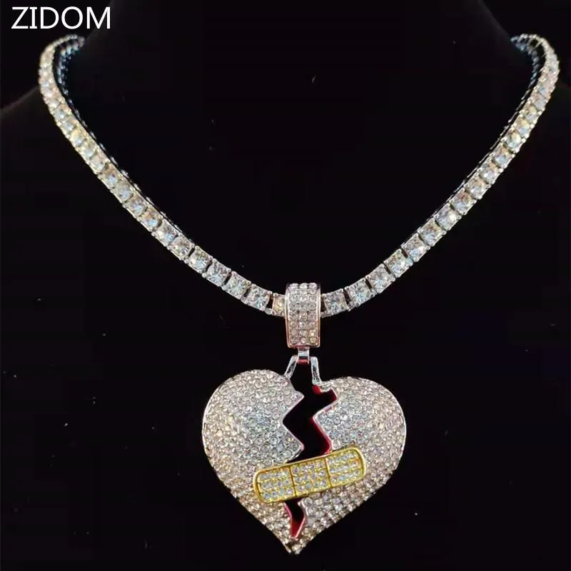 Men Hiphop Broke Heart Pendant Necklace With 5mm Tennis Chain Iced Out Bling Jewelry Male Fashion Gifts Necklaces
