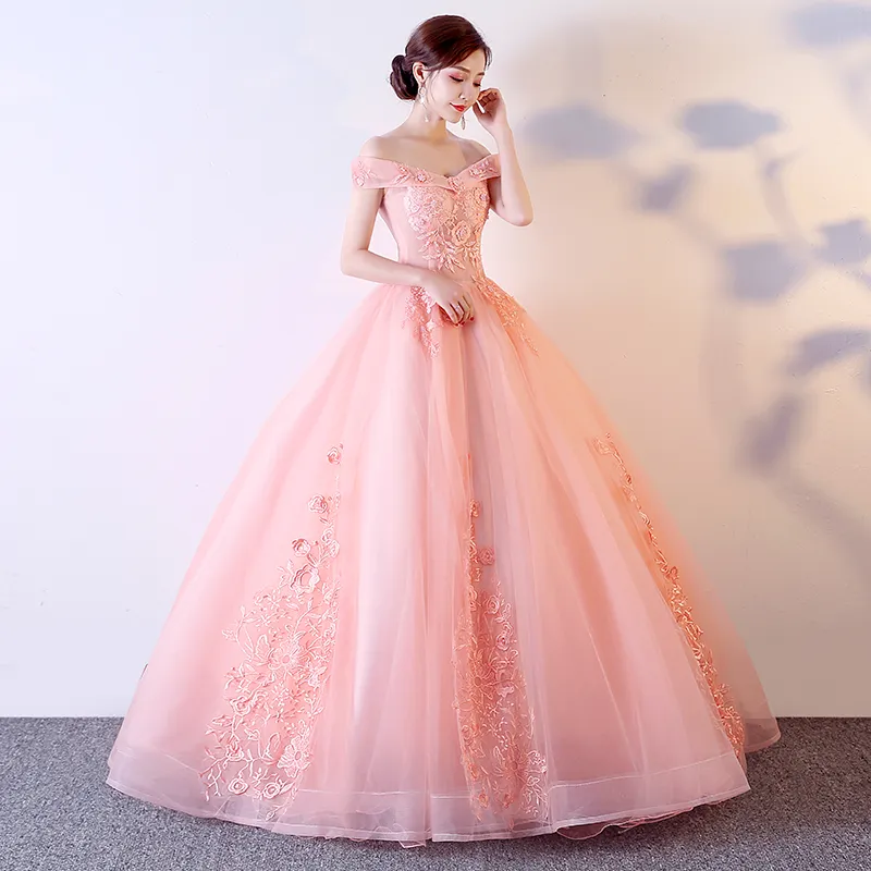 White Floral Appliqued Light Pink Tulle Prom Dress - Promfy