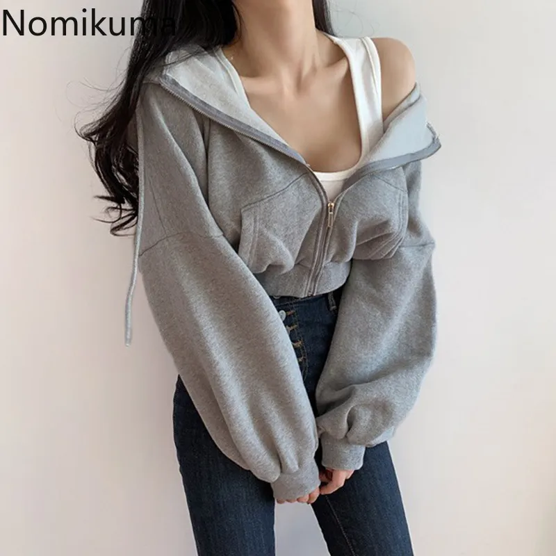 Nomikuma Sweats à capuche Femmes Zip-up à manches longues Casual Tops courts Femme Solide Couleur Poches Lâche Sweat-shirt coréen 3D734 210514