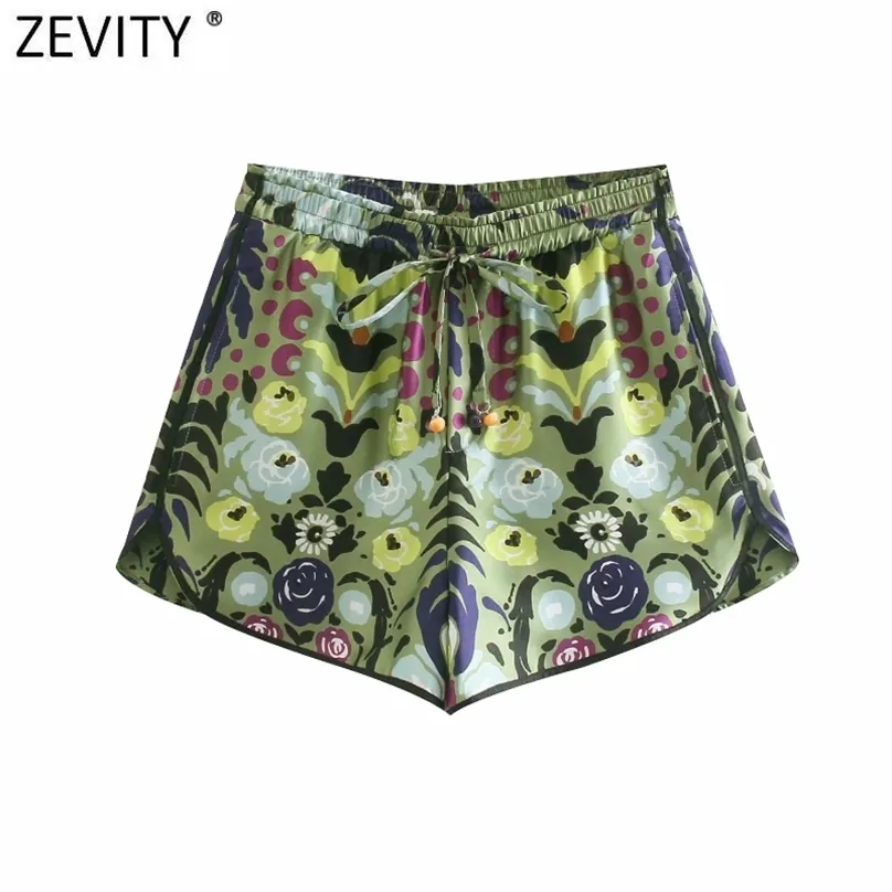 Zevity Women Holiday Wind Floral Print Summer Shorts Female Chic Elastic Waist Lace Up Ribbon Casual Pantalone Cortos P1149 210719