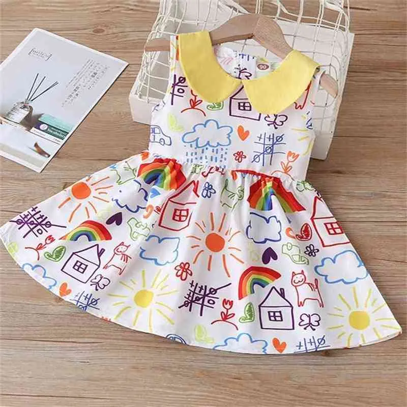 Lente zomer meisjes jurk schattige pop kraag mouwloze cartoons prinses kinderen baby kinderkleding voor meisjes 210625