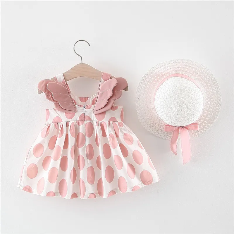 Verão criança criança roupas bebê menina vestido infantil asas impressas sling chapéu como um presente 2pc conjunto roupas bonitos 210515