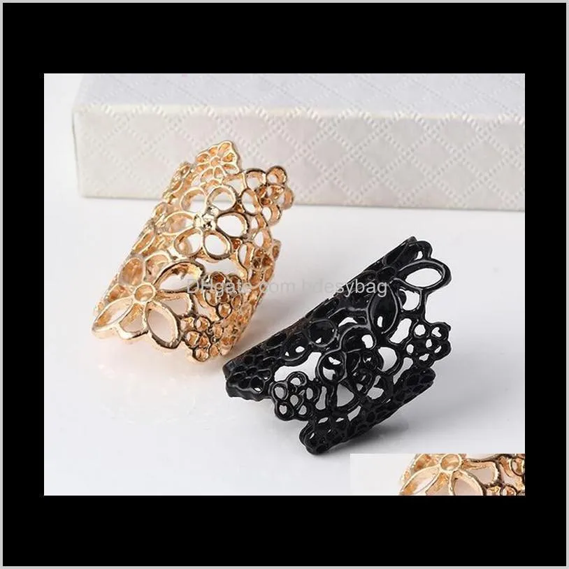 Women Fashion Hollow Alloy Finger Rings Rose Flower Opening Wide Cuff Style Ring Punk Black Gold Colors Ring Jewelry