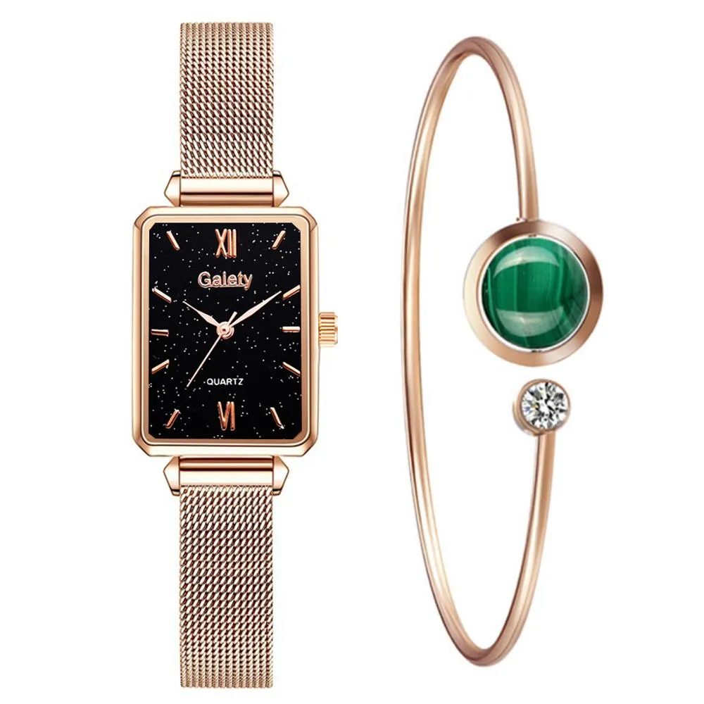 Lady Watches Fashion Square Quartz Wristatches Bracelet Set Simple Green Dial Rose Gold Mesh