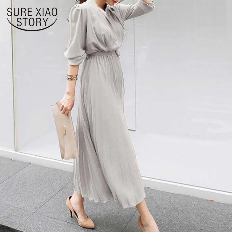 Autumn Single Breasted Chiffon Dress Women Pleated Dresses Full Sleeve Slim Waist A-line Vestidos Casual Long Dress 12377 210527