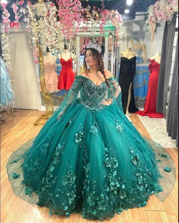 2022 Modern Emerald Green Quinceanera Dresses With Cape Floral 3D Flowers Applique Beaded Prom Pageant Graduation Sweet 16 Dress Girls 2022 Modern Emerald Green Quinceanera Dresses With Cape Floral 3D Flowers Applique Beaded Prom Pageant Graduation Sweet 16 Dress Girls