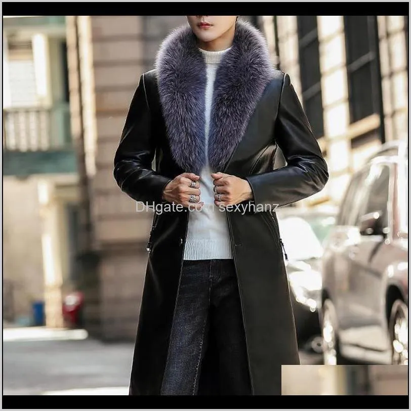 big fur collar white long overcoats mens luxury long leather jackets black winter trench coats for mens stylish steampunk cloak1