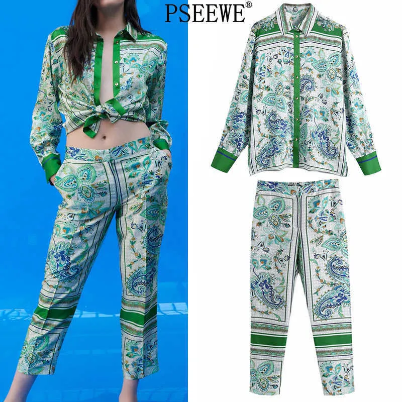 Tweedelige set vrouwen outfit za groen print shirts vrouw trainingspakken vintage mode zomer hoge taille broek pakken 210930